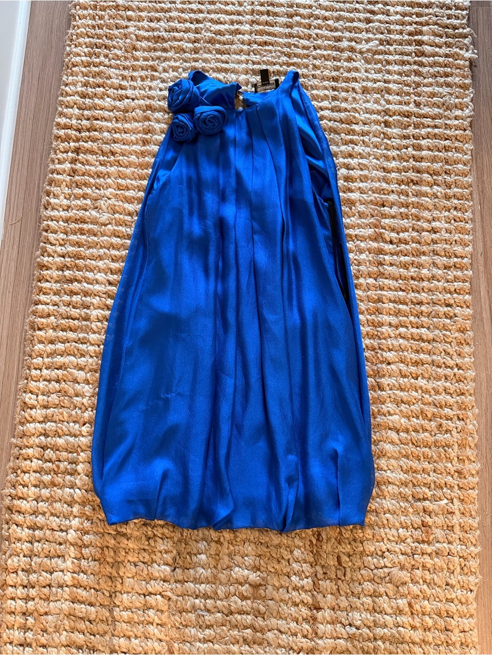 Vintage bebe 100% silk Royal Blue balloon mini dress with Roses